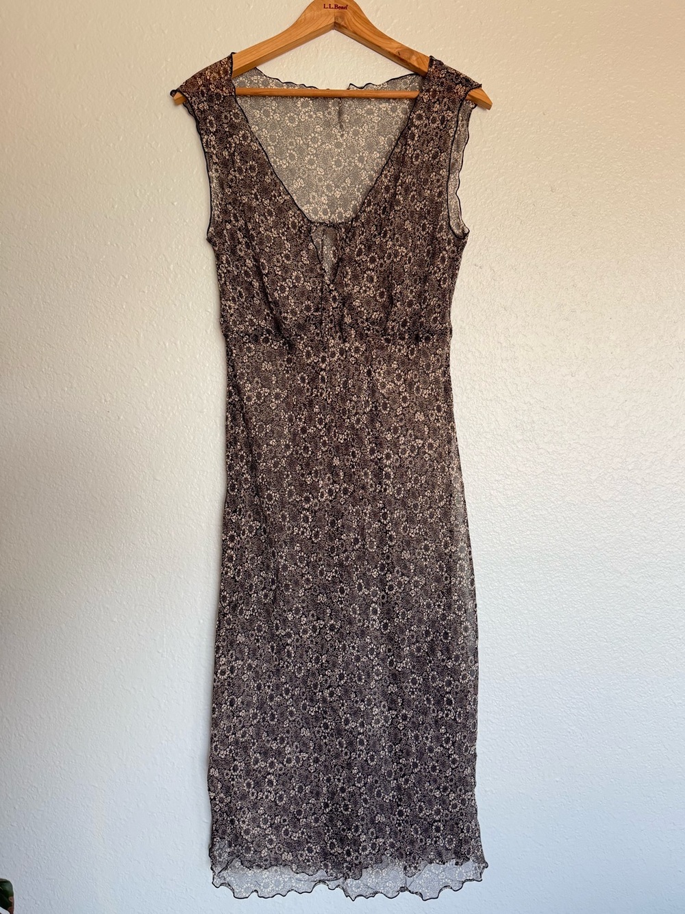 Vintage Sheer black and beige floral print midi dress